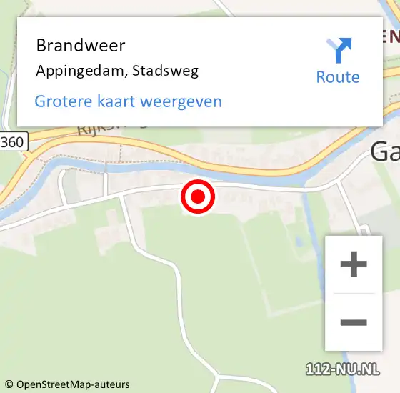 Locatie op kaart van de 112 melding: Brandweer Appingedam, Stadsweg op 19 augustus 2024 19:29