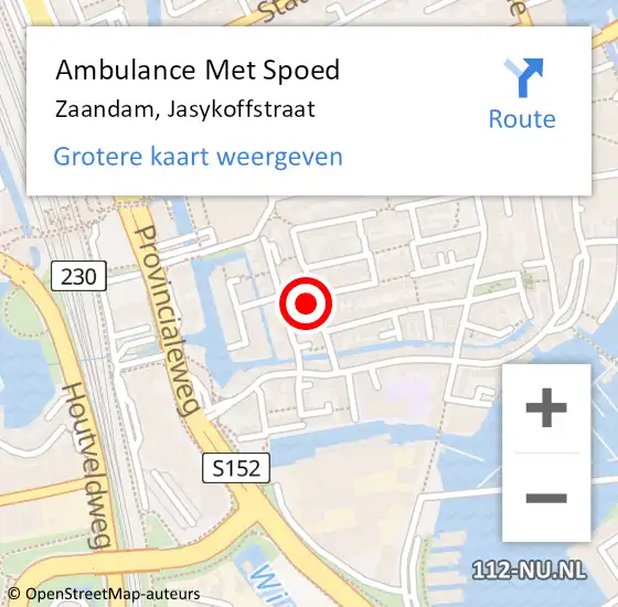 Locatie op kaart van de 112 melding: Ambulance Met Spoed Naar Zaandam, Jasykoffstraat op 19 augustus 2024 19:43