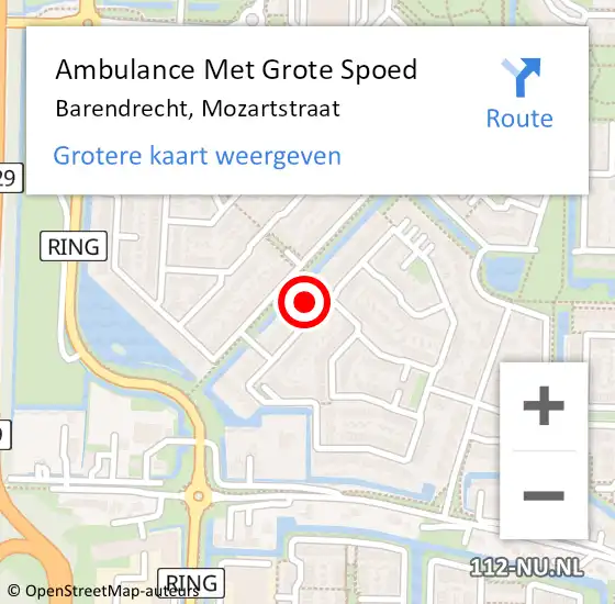 Locatie op kaart van de 112 melding: Ambulance Met Grote Spoed Naar Barendrecht, Mozartstraat op 19 augustus 2024 21:53