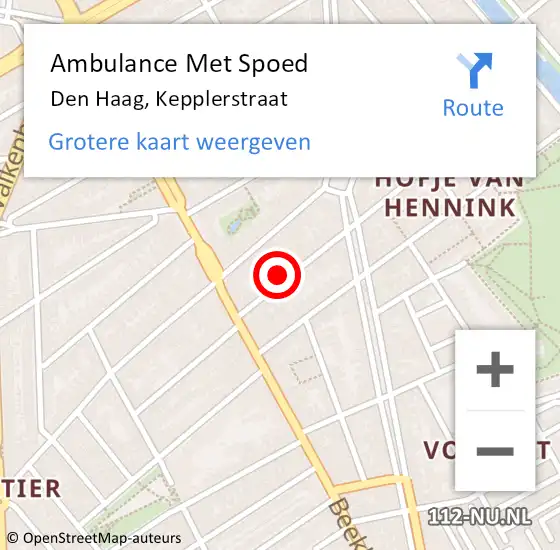 Locatie op kaart van de 112 melding: Ambulance Met Spoed Naar Den Haag, Kepplerstraat op 20 augustus 2024 01:01