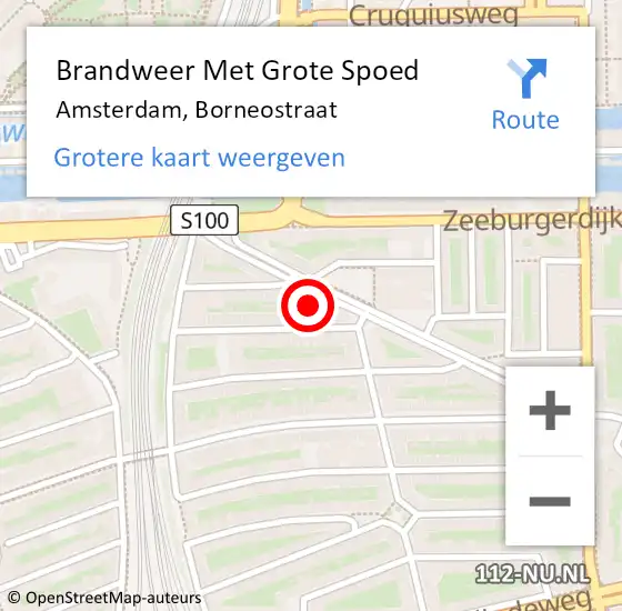 Locatie op kaart van de 112 melding: Brandweer Met Grote Spoed Naar Amsterdam, Borneostraat op 20 augustus 2024 01:16