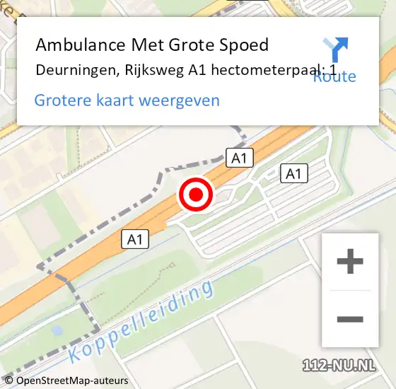 Locatie op kaart van de 112 melding: Ambulance Met Grote Spoed Naar Deurningen, Rijksweg A1 hectometerpaal: 1 op 16 oktober 2014 22:08