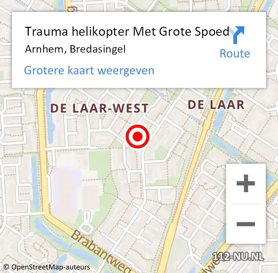 Locatie op kaart van de 112 melding: Trauma helikopter Met Grote Spoed Naar Arnhem, Bredasingel op 20 augustus 2024 11:26