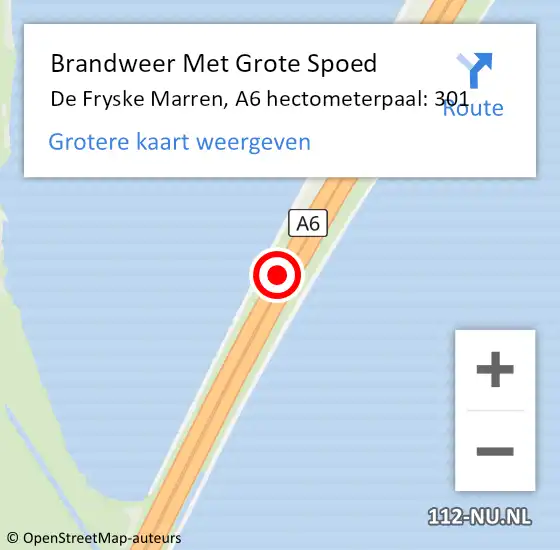 Locatie op kaart van de 112 melding: Brandweer Met Grote Spoed Naar De Fryske Marren, A6 hectometerpaal: 301 op 20 augustus 2024 12:36