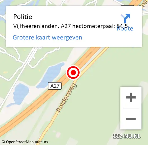 Locatie op kaart van de 112 melding: Politie Vijfheerenlanden, A27 hectometerpaal: 54,5 op 20 augustus 2024 13:18