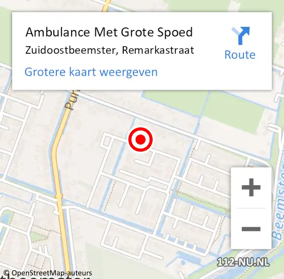 Locatie op kaart van de 112 melding: Ambulance Met Grote Spoed Naar Zuidoostbeemster, Remarkastraat op 20 augustus 2024 14:06