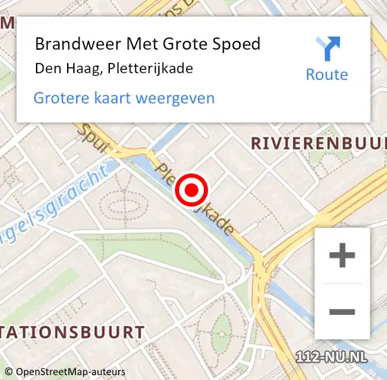 Locatie op kaart van de 112 melding: Brandweer Met Grote Spoed Naar Den Haag, Pletterijkade op 20 augustus 2024 15:04