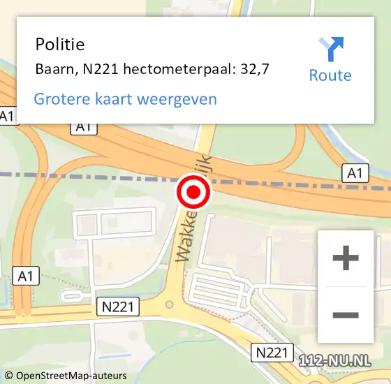 Locatie op kaart van de 112 melding: Politie Baarn, N221 hectometerpaal: 32,7 op 20 augustus 2024 15:48