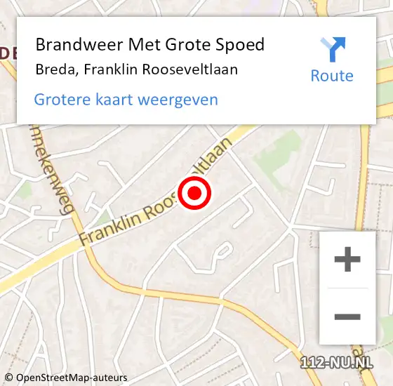 Locatie op kaart van de 112 melding: Brandweer Met Grote Spoed Naar Breda, Franklin Rooseveltlaan op 20 augustus 2024 15:52