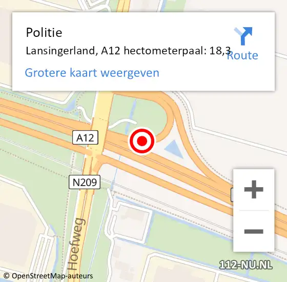 Locatie op kaart van de 112 melding: Politie Lansingerland, A12 hectometerpaal: 18,3 op 20 augustus 2024 16:21