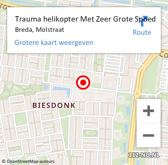 Locatie op kaart van de 112 melding: Trauma helikopter Met Zeer Grote Spoed Naar Breda, Molstraat op 20 augustus 2024 16:26