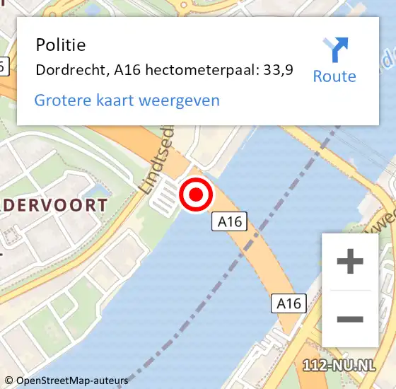 Locatie op kaart van de 112 melding: Politie Dordrecht, A16 hectometerpaal: 33,9 op 20 augustus 2024 16:46