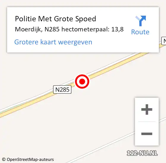 Locatie op kaart van de 112 melding: Politie Met Grote Spoed Naar Moerdijk, N285 hectometerpaal: 13,8 op 20 augustus 2024 16:49