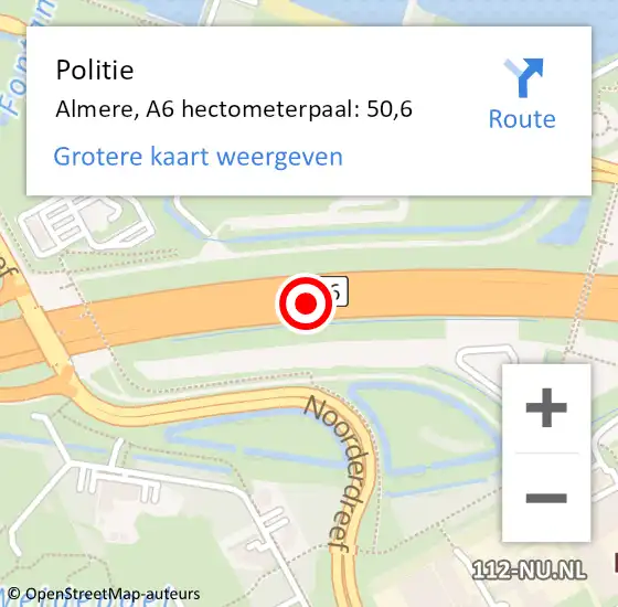 Locatie op kaart van de 112 melding: Politie Almere, A6 hectometerpaal: 50,6 op 20 augustus 2024 16:54