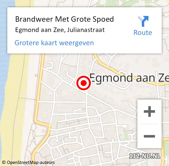 Locatie op kaart van de 112 melding: Brandweer Met Grote Spoed Naar Egmond aan Zee, Julianastraat op 20 augustus 2024 17:15