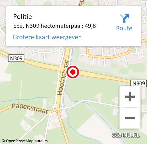 Locatie op kaart van de 112 melding: Politie Epe, N309 hectometerpaal: 49,8 op 20 augustus 2024 17:26