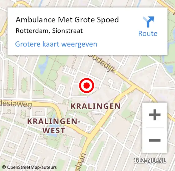 Locatie op kaart van de 112 melding: Ambulance Met Grote Spoed Naar Rotterdam, Sionstraat op 20 augustus 2024 17:32