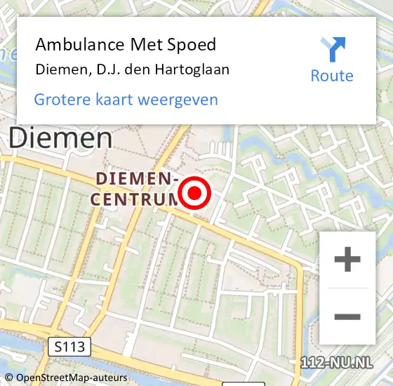 Locatie op kaart van de 112 melding: Ambulance Met Spoed Naar Diemen, D.J. den Hartoglaan op 20 augustus 2024 18:57