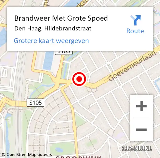 Locatie op kaart van de 112 melding: Brandweer Met Grote Spoed Naar Den Haag, Hildebrandstraat op 20 augustus 2024 19:04