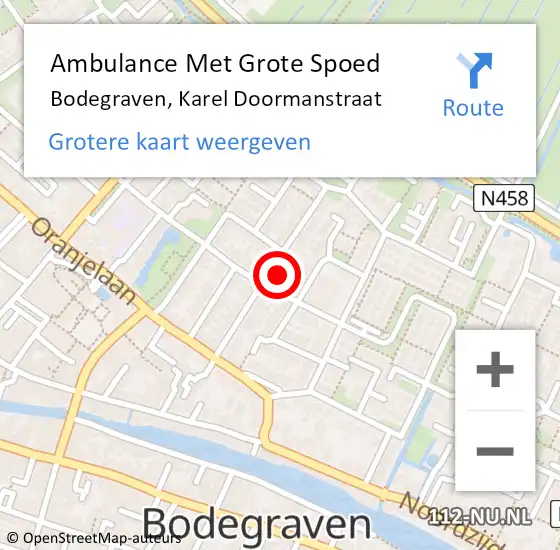 Locatie op kaart van de 112 melding: Ambulance Met Grote Spoed Naar Bodegraven, Karel Doormanstraat op 20 augustus 2024 19:41