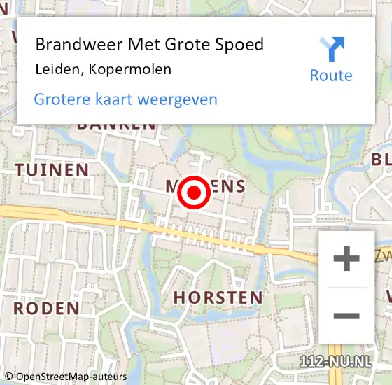 Locatie op kaart van de 112 melding: Brandweer Met Grote Spoed Naar Leiden, Kopermolen op 20 augustus 2024 20:40