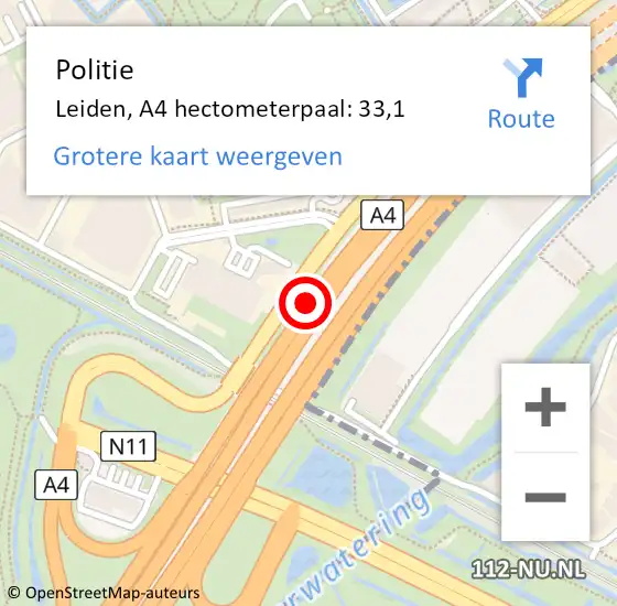 Locatie op kaart van de 112 melding: Politie Leiden, A4 hectometerpaal: 33,1 op 20 augustus 2024 21:58