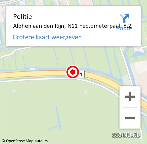 Locatie op kaart van de 112 melding: Politie Alphen aan den Rijn, N11 hectometerpaal: 8,2 op 20 augustus 2024 22:24