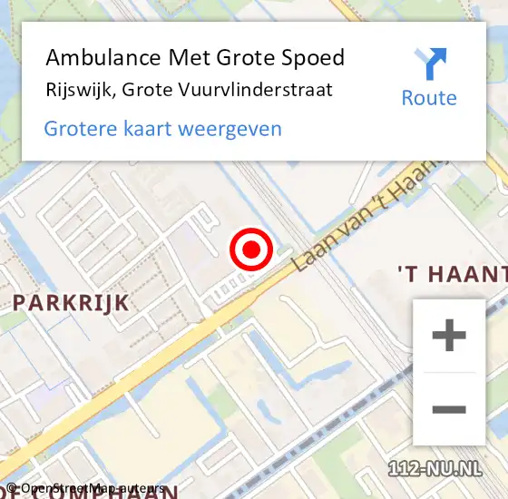 Locatie op kaart van de 112 melding: Ambulance Met Grote Spoed Naar Rijswijk, Grote Vuurvlinderstraat op 20 augustus 2024 22:35