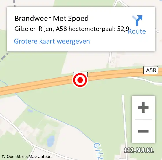 Locatie op kaart van de 112 melding: Brandweer Met Spoed Naar Gilze en Rijen, A58 hectometerpaal: 52,9 op 20 augustus 2024 22:37