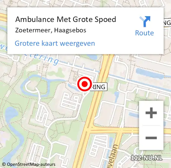 Locatie op kaart van de 112 melding: Ambulance Met Grote Spoed Naar Zoetermeer, Haagsebos op 21 augustus 2024 01:21