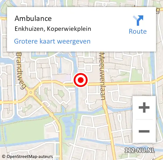 Locatie op kaart van de 112 melding: Ambulance Enkhuizen, Koperwiekplein op 21 augustus 2024 11:20