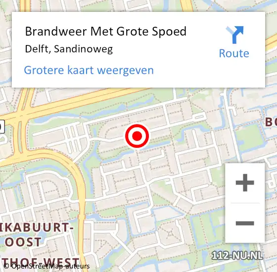 Locatie op kaart van de 112 melding: Brandweer Met Grote Spoed Naar Delft, Sandinoweg op 21 augustus 2024 13:55