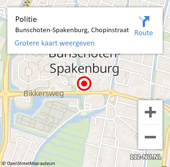 Locatie op kaart van de 112 melding: Politie Bunschoten-Spakenburg, Chopinstraat op 21 augustus 2024 14:53