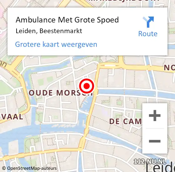 Locatie op kaart van de 112 melding: Ambulance Met Grote Spoed Naar Leiden, Beestenmarkt op 22 augustus 2024 01:04