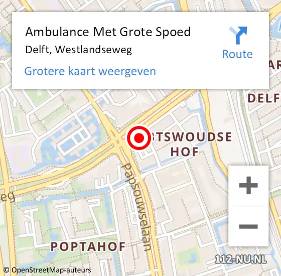 Locatie op kaart van de 112 melding: Ambulance Met Grote Spoed Naar Delft, Westlandseweg op 22 augustus 2024 02:02