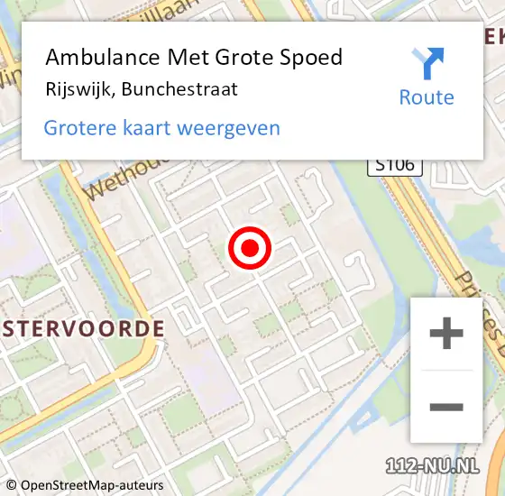 Locatie op kaart van de 112 melding: Ambulance Met Grote Spoed Naar Rijswijk, Bunchestraat op 22 augustus 2024 02:31