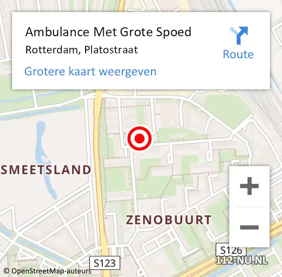 Locatie op kaart van de 112 melding: Ambulance Met Grote Spoed Naar Rotterdam, Platostraat op 22 augustus 2024 06:40