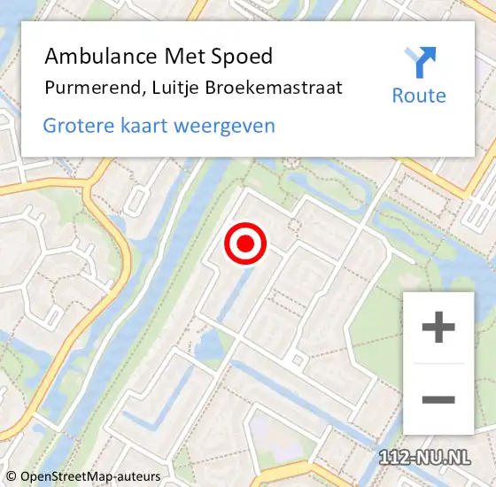 Locatie op kaart van de 112 melding: Ambulance Met Spoed Naar Purmerend, Luitje Broekemastraat op 22 augustus 2024 14:10