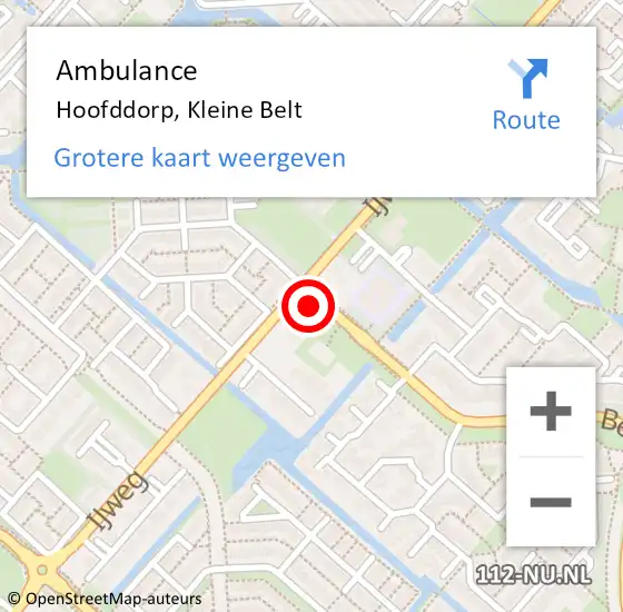 Locatie op kaart van de 112 melding: Ambulance Hoofddorp, Kleine Belt op 22 augustus 2024 15:59