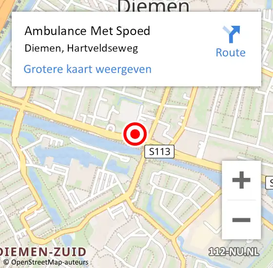 Locatie op kaart van de 112 melding: Ambulance Met Spoed Naar Diemen, Hartveldseweg op 22 augustus 2024 17:53