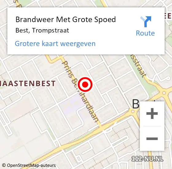 Locatie op kaart van de 112 melding: Brandweer Met Grote Spoed Naar Best, Trompstraat op 22 augustus 2024 18:37