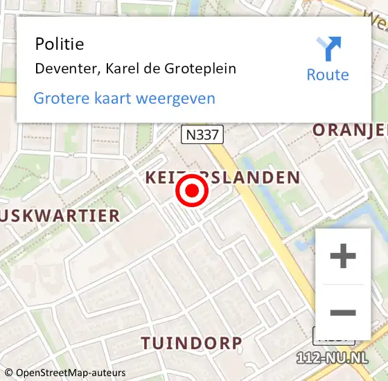 Locatie op kaart van de 112 melding: Politie Deventer, Karel de Groteplein op 22 augustus 2024 20:32