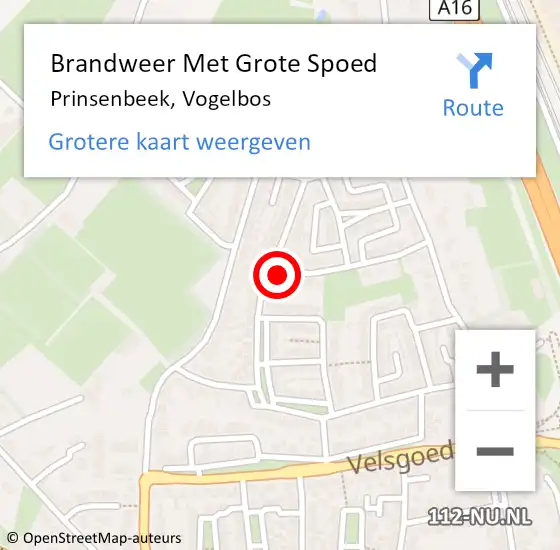 Locatie op kaart van de 112 melding: Brandweer Met Grote Spoed Naar Prinsenbeek, Vogelbos op 22 augustus 2024 22:30