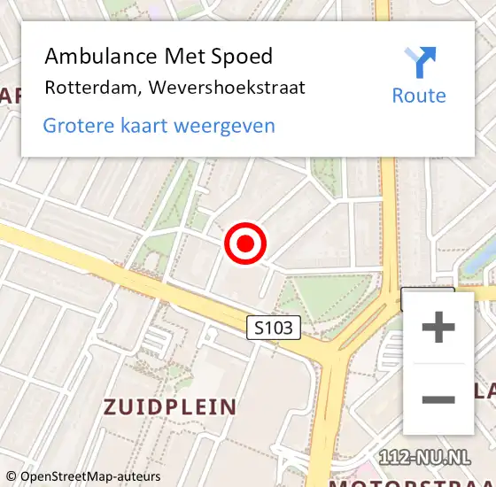 Locatie op kaart van de 112 melding: Ambulance Met Spoed Naar Rotterdam, Wevershoekstraat op 23 augustus 2024 02:10