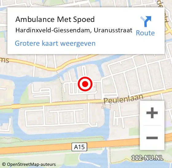 Locatie op kaart van de 112 melding: Ambulance Met Spoed Naar Hardinxveld-Giessendam, Uranusstraat op 23 augustus 2024 10:04