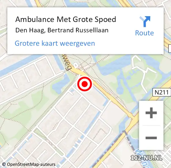 Locatie op kaart van de 112 melding: Ambulance Met Grote Spoed Naar Den Haag, Bertrand Russelllaan op 23 augustus 2024 13:00