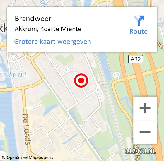 Locatie op kaart van de 112 melding: Brandweer Akkrum, Koarte Miente op 23 augustus 2024 13:22