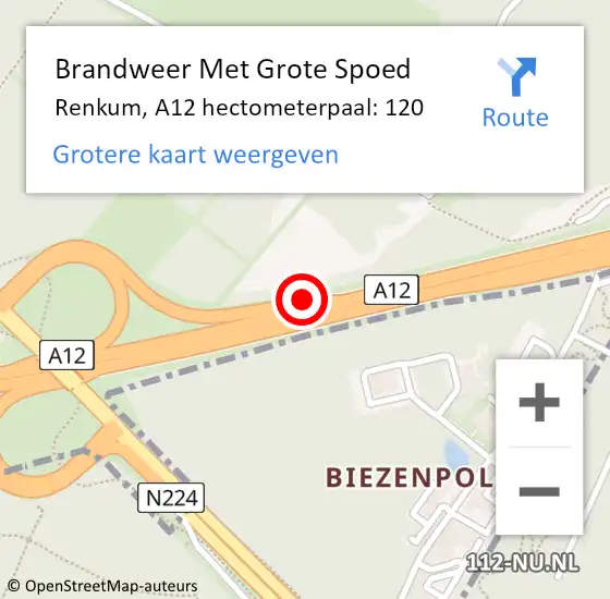 Locatie op kaart van de 112 melding: Brandweer Met Grote Spoed Naar Renkum, A12 hectometerpaal: 120 op 23 augustus 2024 13:23