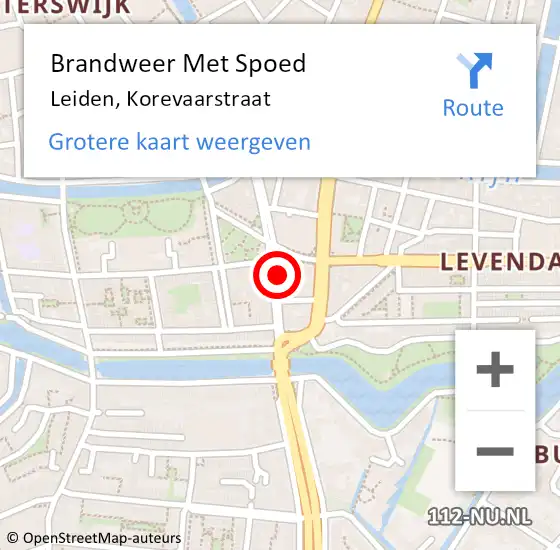 Locatie op kaart van de 112 melding: Brandweer Met Spoed Naar Leiden, Korevaarstraat op 23 augustus 2024 13:30