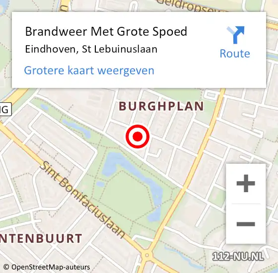 Locatie op kaart van de 112 melding: Brandweer Met Grote Spoed Naar Eindhoven, St Lebuinuslaan op 23 augustus 2024 14:22